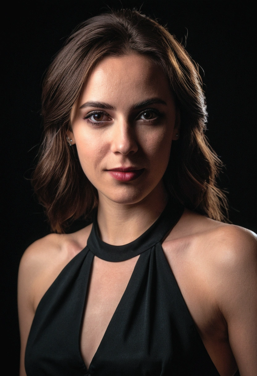 photo brute, visage portrait photo d'a beautiful 26 year old.oh woman, visage mignon, wearing a black dress, happy face, harsh shadows, Cinematographic shooting, Dramatic lighting