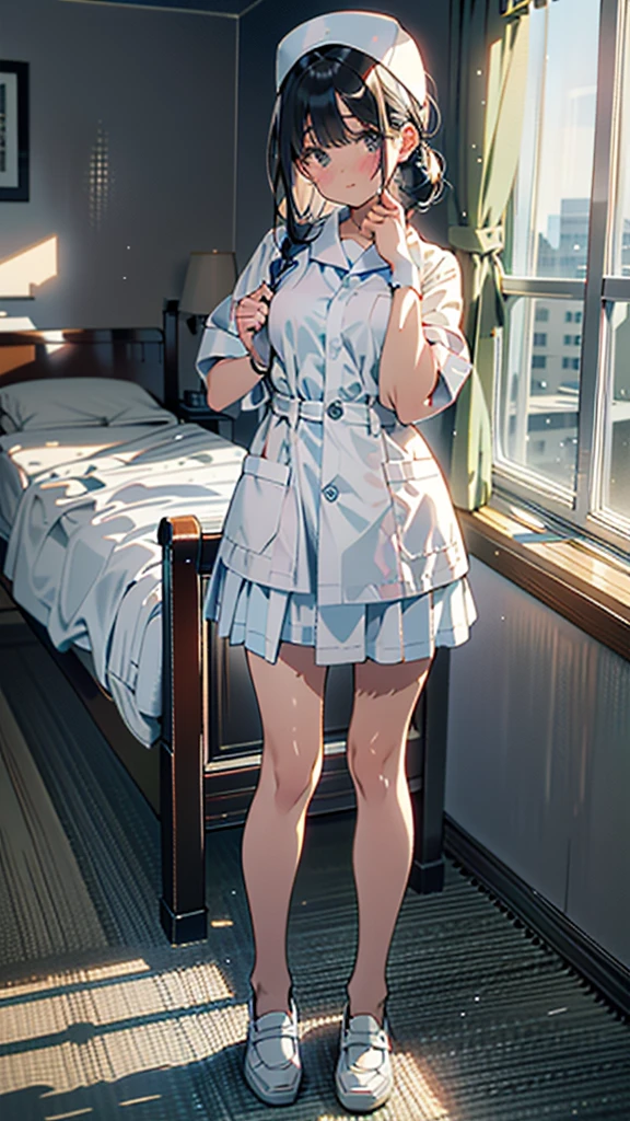 (8k, RAW Photos, 最high quality, masterpiece:1.2), high qualityのRAWカラー写真, Professional photo shoot, Cinematic Light, alone, (((young woman, Gal))), (Sharp features), (Small face), (Skin with attention to detail:1.2), clavicle, Cute Face, Beautiful appearance, Long eyelashes,Embarrassed, (Black Hair, Tied Hair), ((White Nurse,)), White sneakers,,Embarrassed, Artistic painting,Attractive thighs, (Very nice touch:1.2),A shy smile), Peaceful atmosphere, Oil painting style, Bright colors, (Are standing,Inside the white hospital room, Full body portrait), Smooth texture, Gazing Eyes, Beautiful Skin, Glowing Skin, ((Perfect Fingers, Five Fingers, Anatomically correct)), Background Blur, high quality, Surreal, ((Very detailed, photo shoot)),Many people々、blush、Plump、Tight fitting sexy nurse uniform、White Nurse服、nurse、mini skirt、Full Body Shot、White Hospital、白いタイトなmini skirt、Navy cardigan、blush