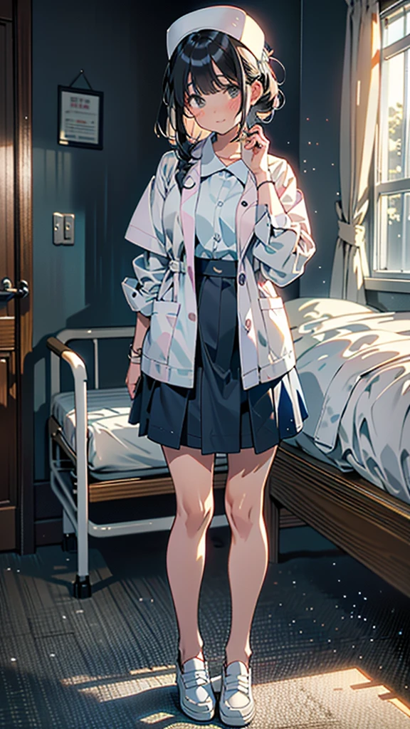 (8k, RAW Photos, 最high quality, masterpiece:1.2), high qualityのRAWカラー写真, Professional photo shoot, Cinematic Light, alone, (((young woman, Gal))), (Sharp features), (Small face), (Skin with attention to detail:1.2), clavicle, Cute Face, Beautiful appearance, Long eyelashes,Embarrassed, (Black Hair, Tied Hair),  ((White Nurse,)), White sneakers,,Embarrassed, Artistic painting,Attractive thighs, (Very nice touch:1.2),A shy smile), Peaceful atmosphere, Oil painting style, Bright colors, (Are standing,Inside the white hospital room, Full body portrait), Smooth texture, Gazing Eyes, Beautiful Skin, Glowing Skin, ((Perfect Fingers, Five Fingers, Anatomically correct)), Background Blur, high quality, Surreal, ((Very detailed, photo shoot)),Many people々、blush、Plump、Tight fitting sexy nurse uniform、White Nurse服、nurse、mini skirt、Full Body Shot、White Hospital、白いタイトなmini skirt、Navy cardigan、blush