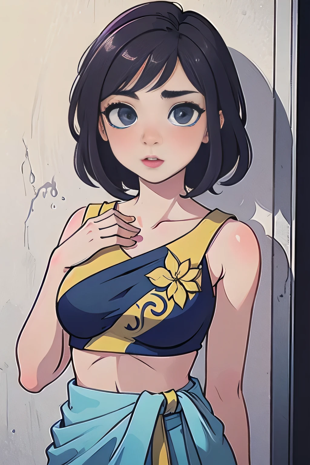 (best quality,4k,8k,highres,masterpiece:1.2),ultra-detailed,(realistic,photorealistic,photo-realistic:1.37),sexy woman,dark hair cascading down her shoulders,well-defined eyebrows,intense smoky eye makeup,rosy cheeks accentuated with blush,deep red lipstick,alluring blue saree draped gracefully,luscious curves highlighted by a low-waist saree,dramatically pinned against the wall,her seductive gaze piercing through the viewer,blushing intensely,preparing for a passionate kiss.