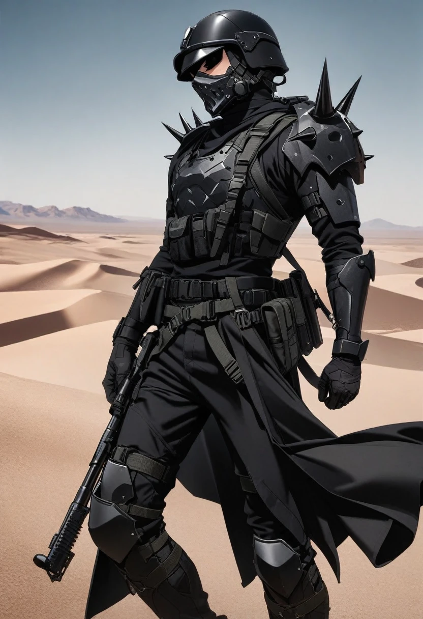 Modern male soldier, solo, black armor, black helmet and mask, black long boots, desert, black clothes, thin waist, black accessories, black everything, spikes on armor
