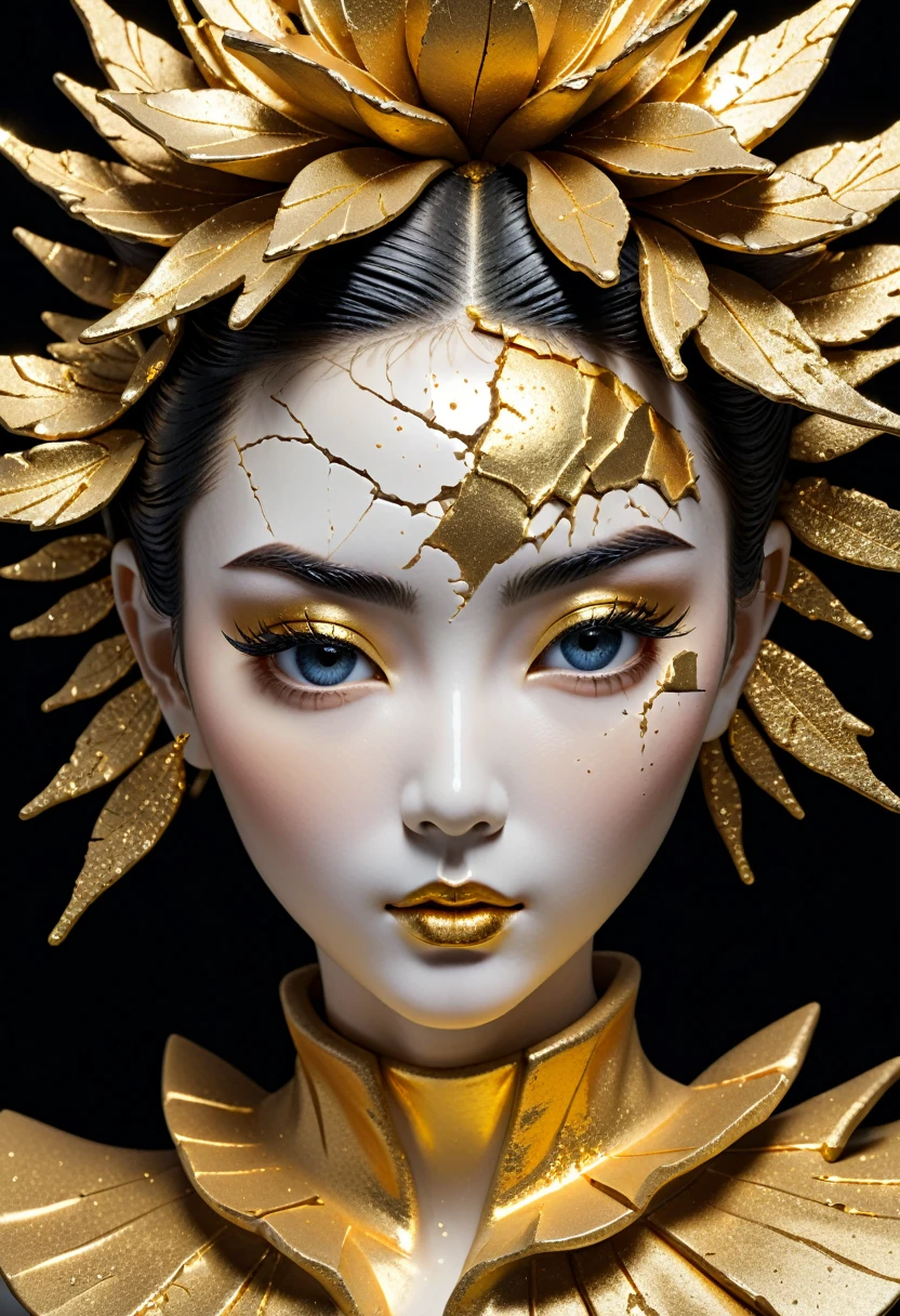 (happy_expression),Perfect eyes, ((exhibit,Still Life Table,Artistic statues,3D Sculpture,ceramics,Surface cracks,Shattered Texture)), Show the beauty of nature.Kaneko,Gold Dust,portrait, This artwork is presented on a black background,Emphasize its artistic quality.