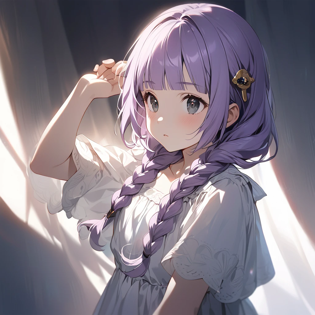 (Cute a girl:1.5), (a girl with closs hair pin, pale purple hair, wavy two braids, blunt bangs hair, green and black eyes:1.4), anime visual, (tilt head:1.3), realistic lighting and shading, (an extremely delicate and beautiful art:1.3), (from front:1.1),The girl puts both hands on her head with three fingers up, cowboy shot.