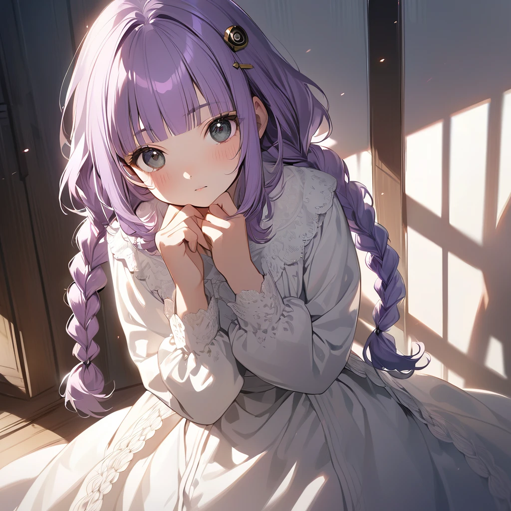 (Cute a girl:1.5), (a girl with closs hair pin, pale purple hair, wavy two braids, blunt bangs hair, green and black eyes:1.4), anime visual, (tilt head:1.3), realistic lighting and shading, (an extremely delicate and beautiful art:1.3), (from front:1.1),The girl puts both hands on her head with three fingers up, cowboy shot.