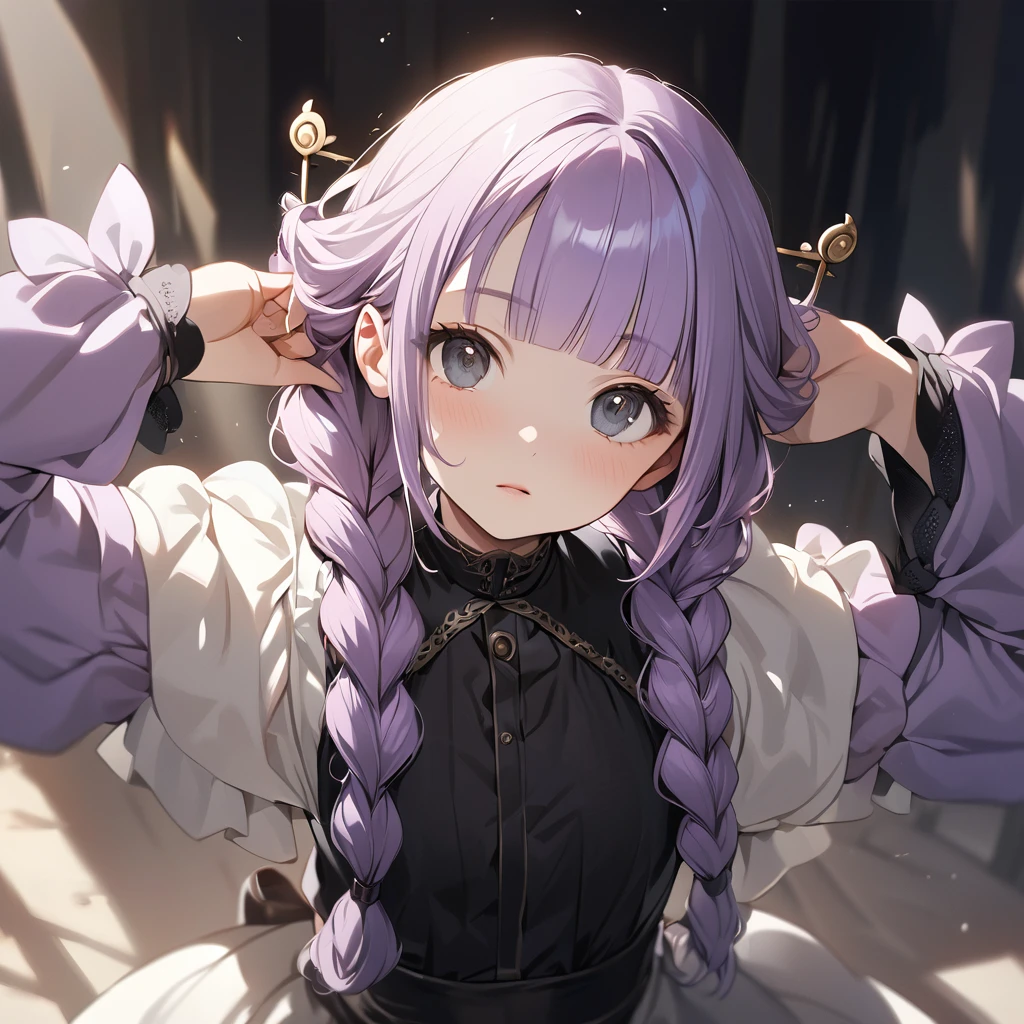 (Cute a girl:1.5), (a girl with closs hair pin, pale purple hair, wavy two braids, blunt bangs hair, green and black eyes:1.4), anime visual, (tilt head:1.3), realistic lighting and shading, (an extremely delicate and beautiful art:1.3), (from front:1.1),The girl puts both hands on her head with three fingers up, cowboy shot.