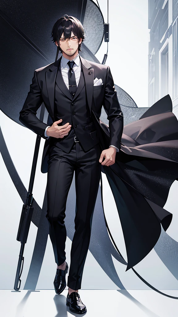 male、32 years old、less beard、Tired face、Glaring eyes、Long bangs、7:3 parting、Shot from the thigh up、Are standing、looking at the camera、Black suit、Businessman、Plain white background