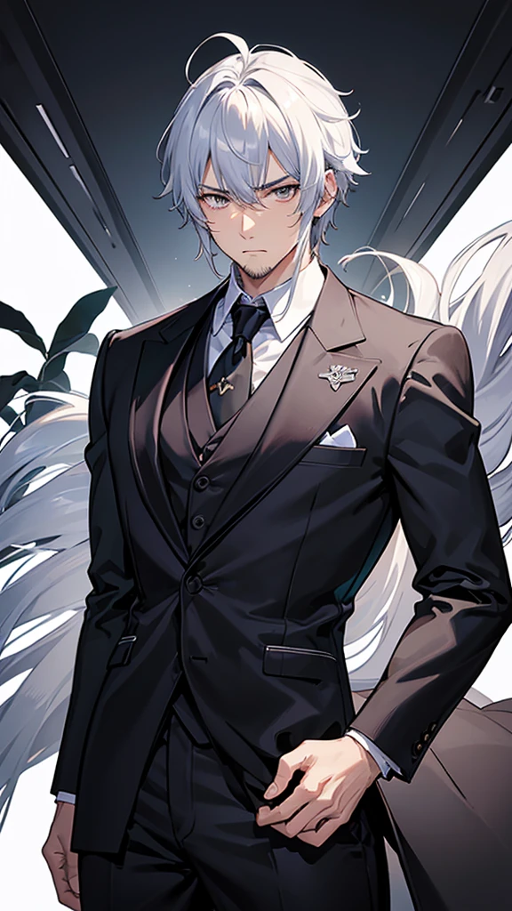 male、32 years old、less beard、Tired face、Glaring eyes、Long bangs、7:3 parting、Shot from the thigh up、Are standing、looking at the camera、Black suit、Businessman、Plain white background