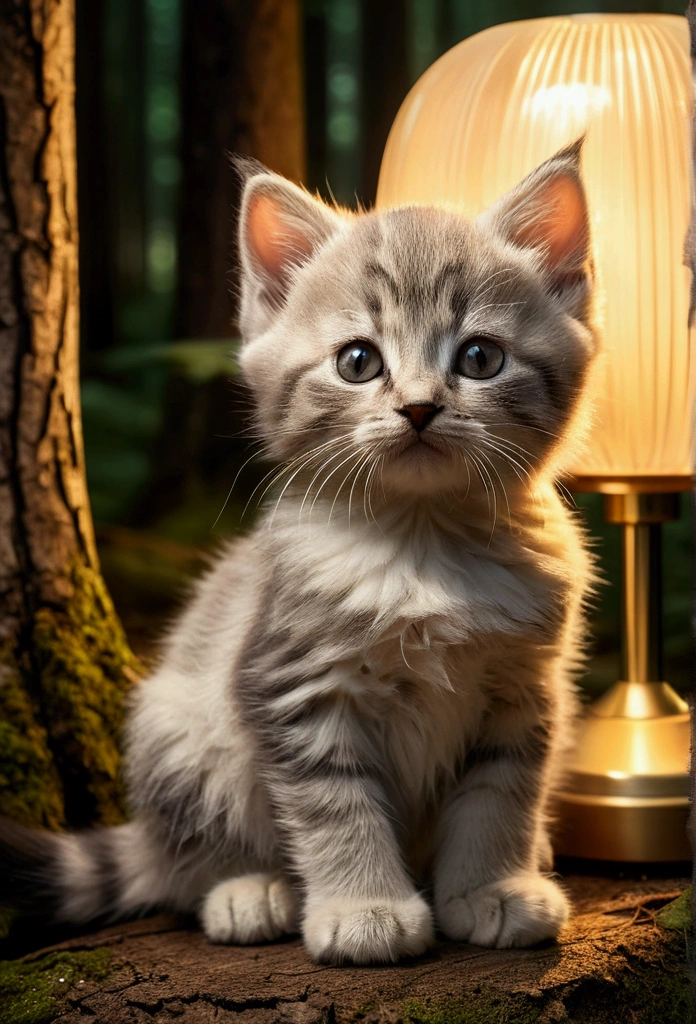 Very cute close up of a kitten sitting in the woods, Soft Volume Lamp (Retro Illuminasan: 1.3), (Kinesiology: 1.2), Intricate details