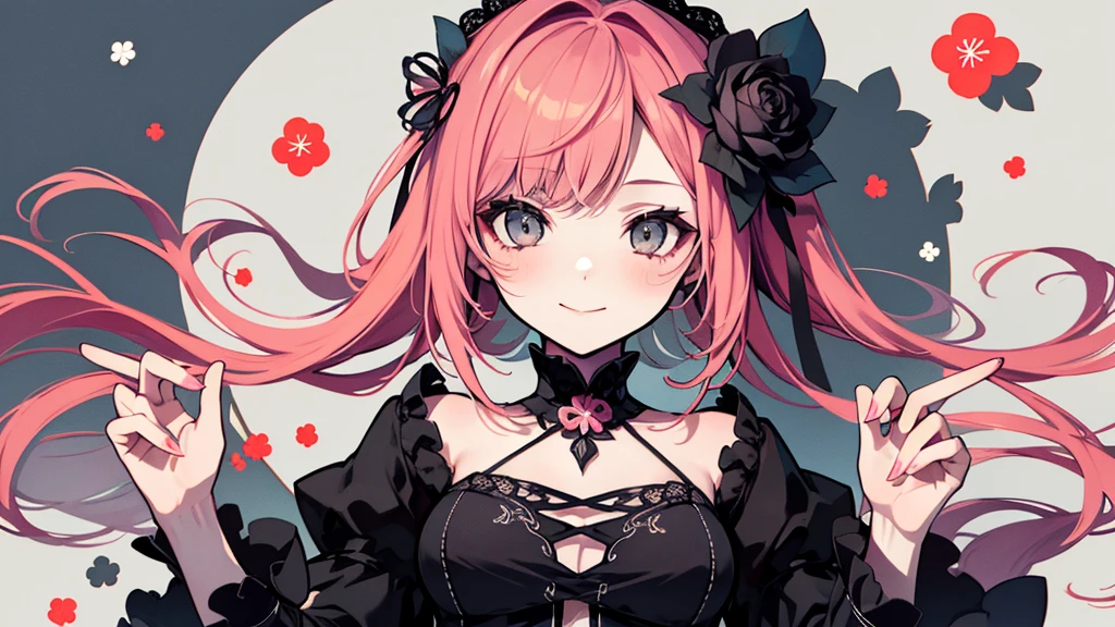 A masterpiece of artistic excellence, this illustration is of the highest quality and resolution. The image depicts a young woman with pink hair and grey eyes, her hair cut short and decorated with a single flower. She wears a gothic-inspired dress, and her breasts are small in size. The woman gives a sweet wink, adding to her allure.
