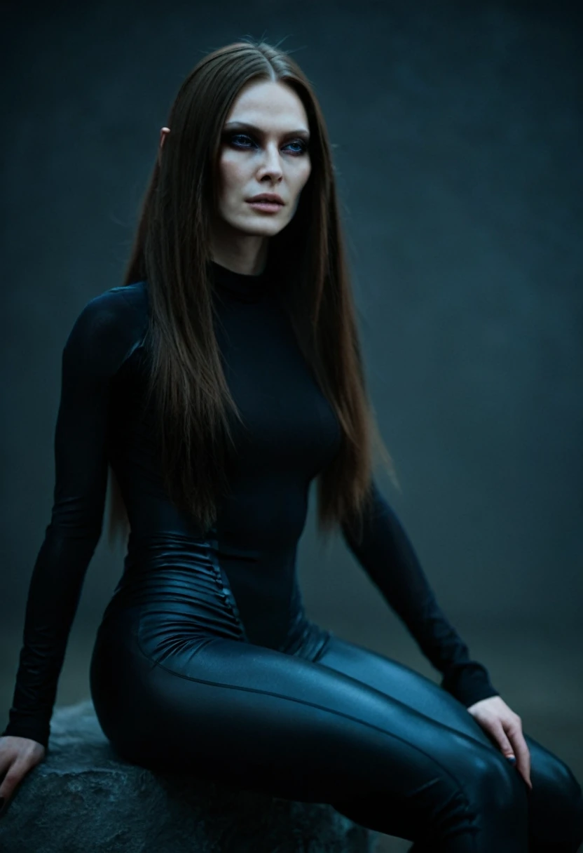 Fashionable of androgynous alien looking witch, glowing eyes, beautiful evil slavic muscular woman, pale skin, long hair, futuristic design, minimal details, givenchy, photoreal, 200mm, hd, f/ 2.0, highly detailed, surreal, sitting, light smile, simple black stylish clothes, a slight smiledrop dead, in the style of red and blue, (intricate details, hyperdetailed:1.15) (skin texture:1.2), cinematic, professional, 4k, (((dynamic model pose))), sitting, full body, mesmerizing, dynamic, dramatic, dynamic pose, highly detailed skin with hair, subcutaneous veins, light and shadow play, highly detailed,24mm photograph, bokeh, professional, 4k,