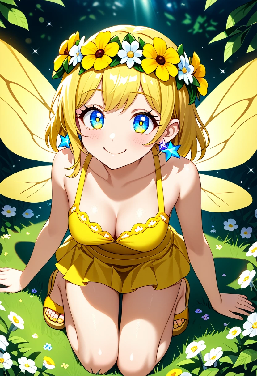 ((Highest quality)), ((masterpiece)), (be familiar with), Perfect Face, Big eyes, Drooping eyes, eyelash, The sparkling light of the eyes, flower crown, yellow clothes, fairy wings, flower earrings, yellow sandals, (mini skirt), medium breasts, smile, closed mouth