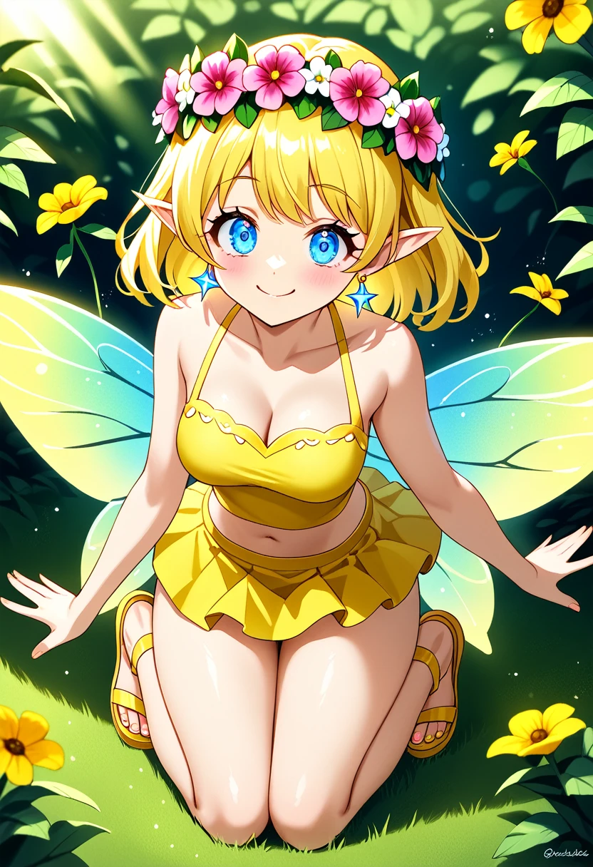 ((Highest quality)), ((masterpiece)), (be familiar with), Perfect Face, Big eyes, Drooping eyes, eyelash, The sparkling light of the eyes, flower crown, yellow clothes, fairy wings, flower earrings, yellow sandals, (mini skirt), medium breasts, smile, closed mouth
