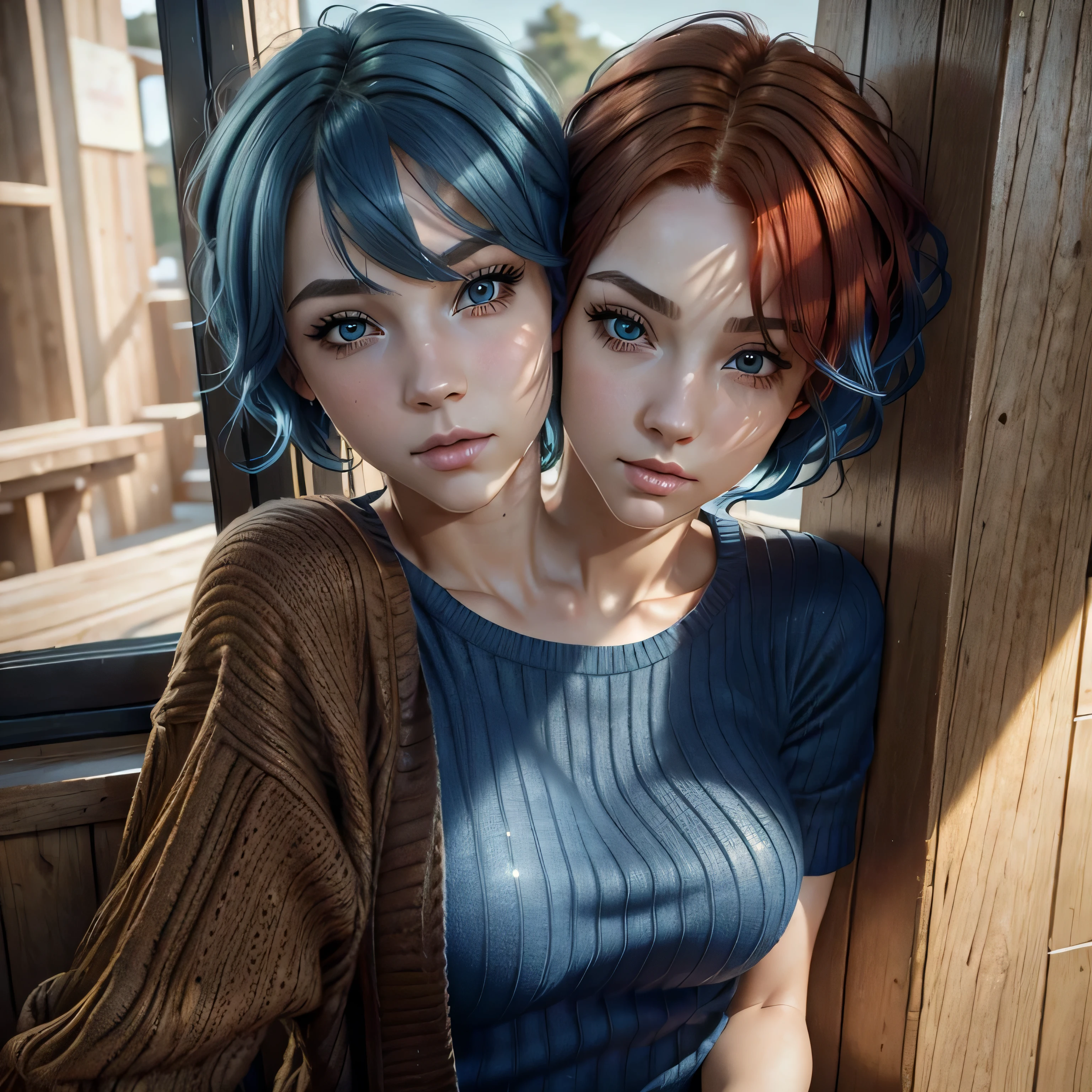 (masterpiece:1.3), (8k, photorealistic, RAW photo, best quality: 1.4), (1girl), beautiful face, (realistic face), (red hair, short hair:1.3), (2girl) (blue hair, short hair:1.3), beautiful hairstyle, realistic eyes, beautiful detailed eyes, (realistic skin), beautiful skin, (sweater), absurdres, attractive, ultra high res, ultra realistic, highly detailed, golden ratio, (two heads)