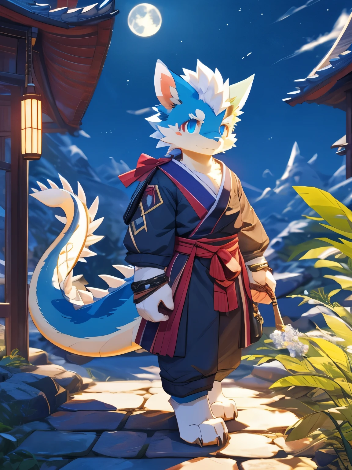 nj5furry,kemono,full-length portrait,anthro,hi res,male,youth,Oriental Dragon,strong,Adventurer,Fluffy hair,Plush paw,A tail,Delicate eyes,Detailed eyes