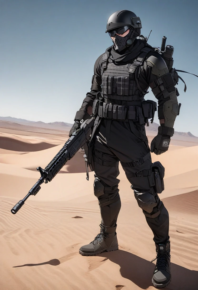 Modern male soldier, solo, black armor, black helmet and mask, black long boots, desert, black clothes, thin waist, black accessories, black everything, spikes on armor 
