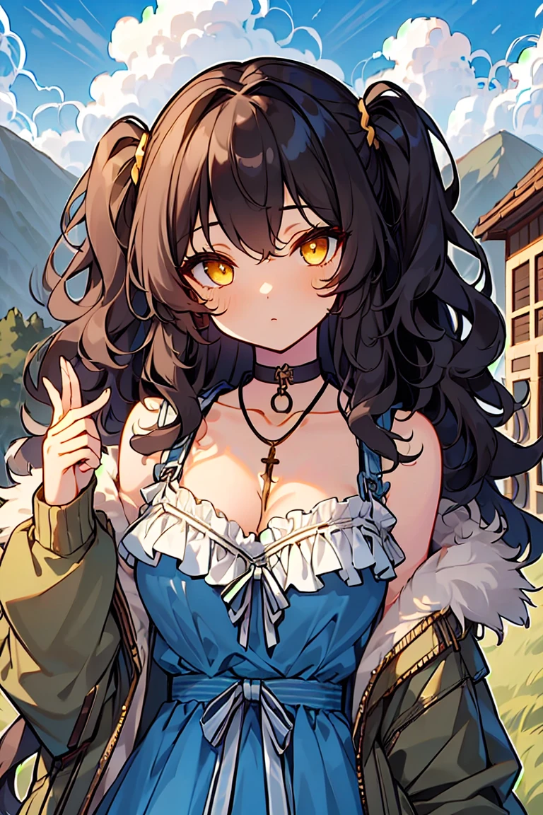 (masterpiece:1.2), (high quality:1.2), girls with((black hair, yellow eyes, (wavy long hair, one side up:1.52), bare shoulders, breasts, choker, cleavage, coat, collar, collarbone, cowboy shot, dress, blue clothes, camisole, (rosary, rosary choker, cross:0.7), necklace, fur, fur collar, fur trim, hood down, hooded jacket, hoodie, jacket, large breasts, long hair, long sleeves, black belt, suspenders, medium breasts, medium hair, necklace, open clothes, open hoodie, sleeveless, solo, winter clothes, zipper, cleavage, upper body, hand up, waving, palm)), background with((architecture, blue sky, bush, castle, village, no humans, cloud, cloudy sky, day, field, garden, grass, hill, house, lamppost, landscape, mountain, mountainous horizon, nature, no humans, outdoors, scenery, shrine, sky))