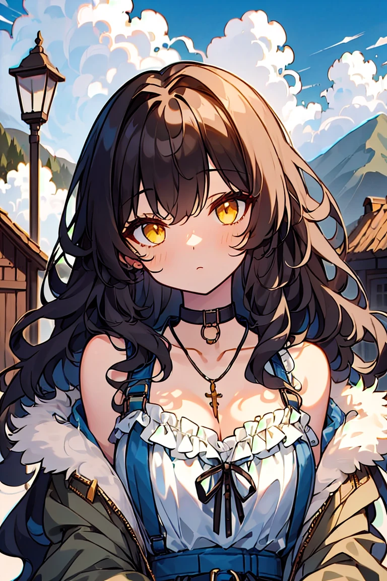 (masterpiece:1.2), (high quality:1.2), girls with((black hair, yellow eyes, (wavy long hair, one side up:1.52), bare shoulders, breasts, choker, cleavage, coat, collar, collarbone, cowboy shot, dress, blue clothes, camisole, (rosary, rosary choker, cross:0.7), necklace, fur, fur collar, fur trim, hood down, hooded jacket, hoodie, jacket, large breasts, long hair, long sleeves, black belt, suspenders, medium breasts, medium hair, necklace, open clothes, open hoodie, sleeveless, solo, winter clothes, zipper, cleavage, upper body, hand up, waving, palm)), background with((architecture, blue sky, bush, castle, village, no humans, cloud, cloudy sky, day, field, garden, grass, hill, house, lamppost, landscape, mountain, mountainous horizon, nature, no humans, outdoors, scenery, shrine, sky))