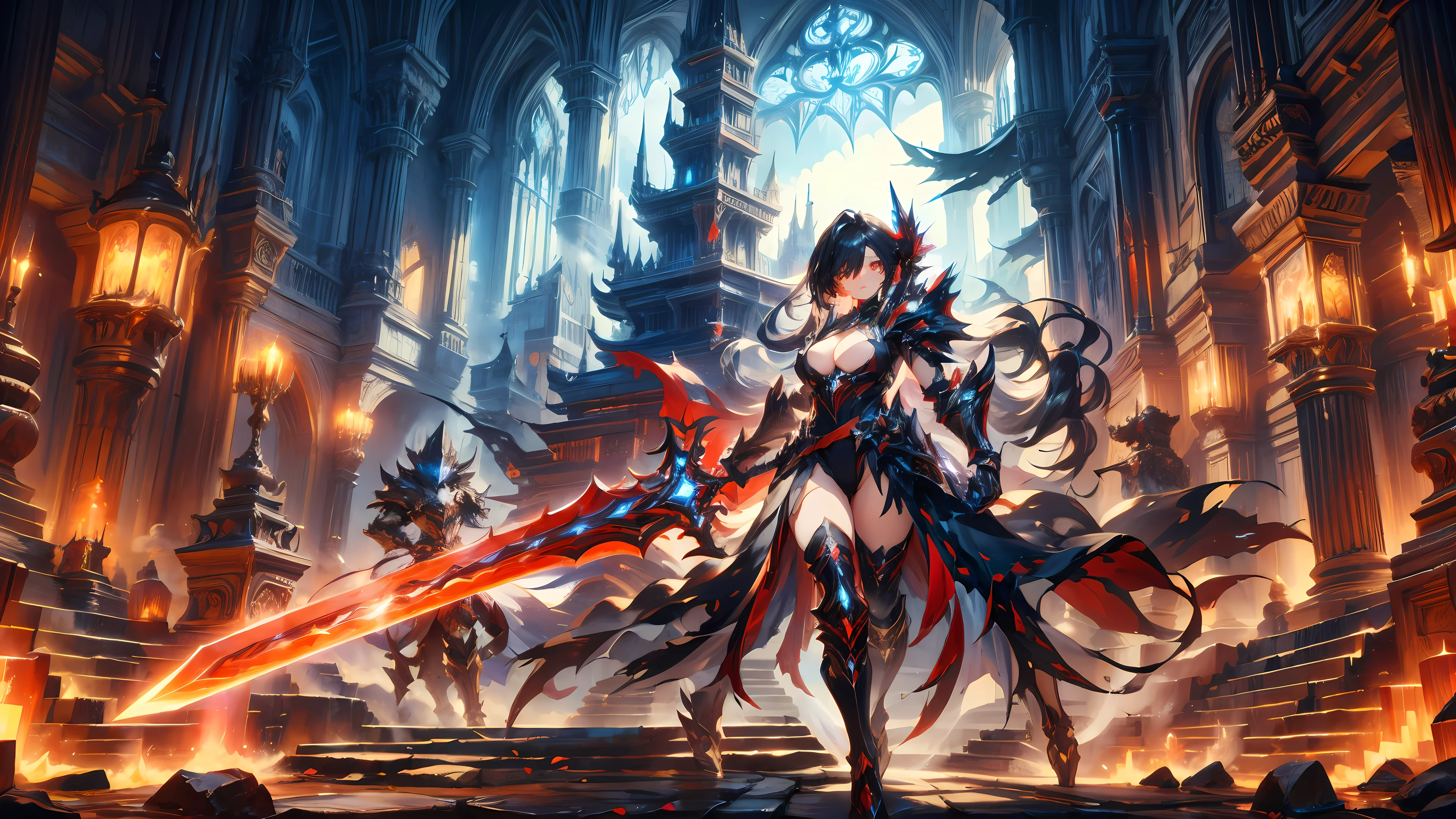 masterpiece, best quality, high quality, detailed, ultra detailed, hyper detailed, insanely detailed, exquisite, beautiful, FHD, Full-HD, 4K, 8K, 16K, highres, absurdres,Overall reddish black, ((One sexy lady)),mystic knight, serious look, sword fighting, covering one eye, black hair, red eyes, armor, long boots, with a sword, fantasy,hailoknight, holding sword, holding weapon,cowboy shot