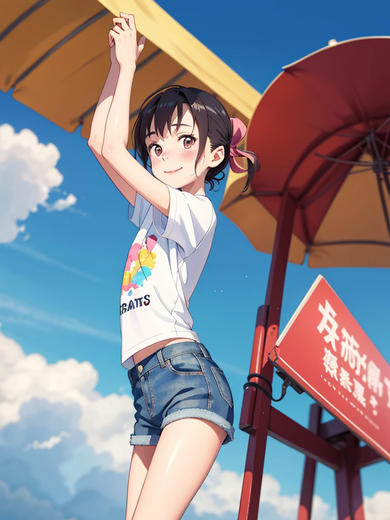 (masterpiece, Highest quality, detailed:1.3),(photograph:1.3), HD transparent background, Attention to detail,cute,One Girl, cute表情, smile,、Hair tied up、Sparkling eyes,,Very short stature,very small flat chest,Very flat chest that looks like it might expand,Very small ass,Very thin limbs,Thin thighs,Oversized short print T-shirt,Short Denim Mini Skirt,early summer,smile,blush,A little embarrassed,bright,Low Angle,bright色,watercolor,Ghibli style,正確でdetailedな女性の指,Outdoor