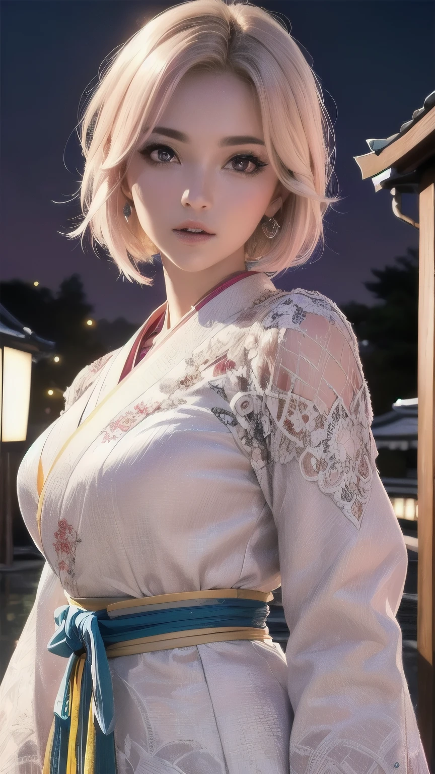 Realistic, Hyper Detail, Girls only, Layered Bob, Dynamic Lighting, ((Bold and imaginative poses)), (Glowing Skin: 1.5), masterpiece, Highest quality, Absurd, Audience, (Blonde, Pink gradient hair), Deep purple clear eyes,((beautiful, Detailed eyes, Jewel-like eyes, Colorful eyes, Sparkling eyes:1.3)), thin, High resolution, Sharp focus, Depth of written boundary, Detail Eyes, Sharp eyes, (Realistic eyes)), Outdoor, Sunrise Sky, (Riverside lace dress with a gorgeous and sophisticated design, (Traditional costume of Japan with intricate pattern in sexy armor): 1.3))