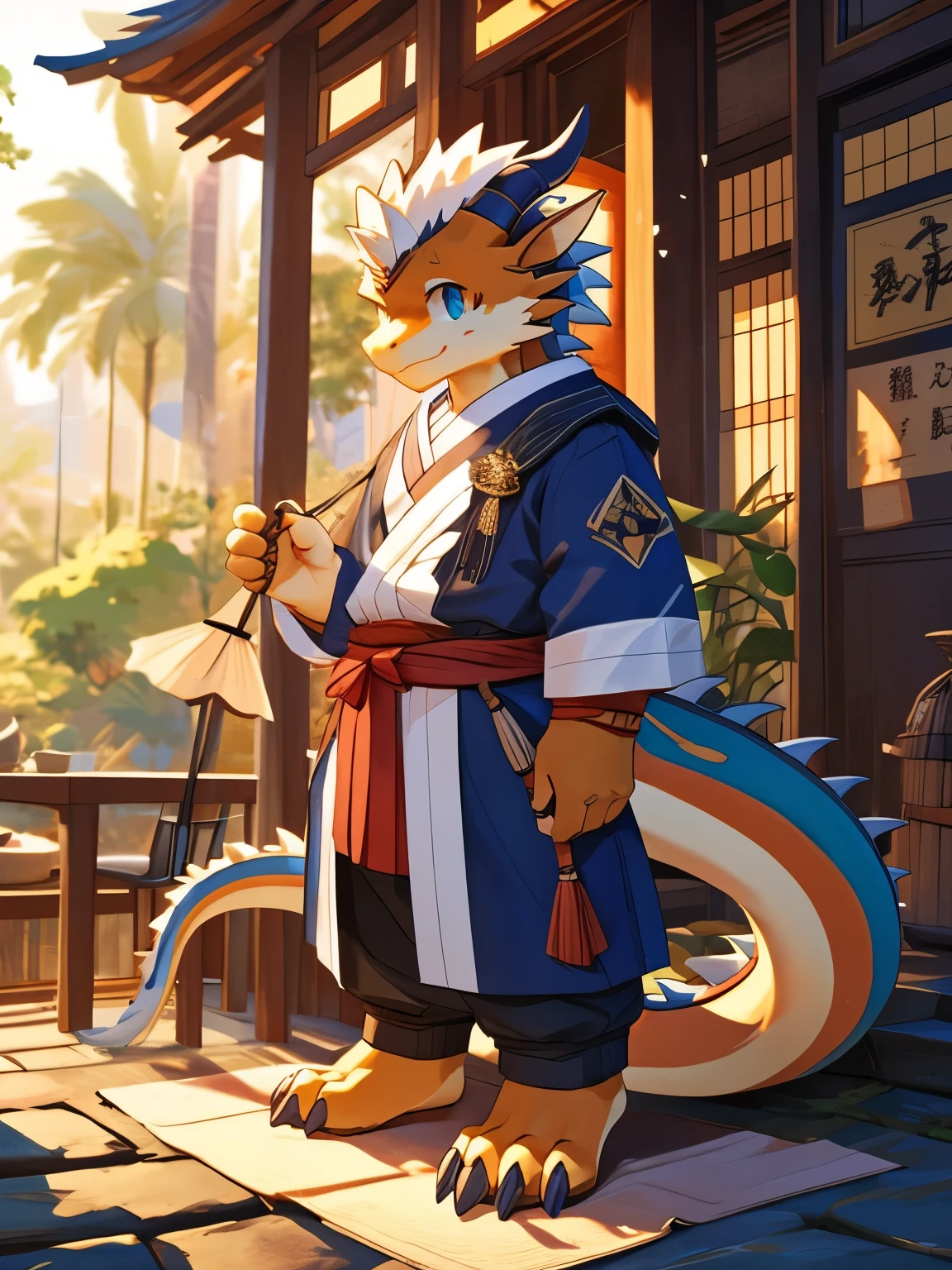 nj5furry，kemono，full-length portrait，anthro，hi res，male，youth，Oriental Dragon，Dragon Beard，strong，Adventurer，Fluffy hair，Plush paw，A tail，Delicate eyes，Detailed eyes