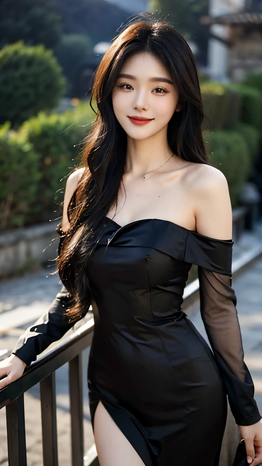 A sweet girl by the moutain，voluminous hair，Delicate face，Photorealsitic，of a real，largeaperture，wears a black dress，A cropped dress，Off-the-shoulder，A dress around the neck，Slim，smiles，Ultra-high resolution, Blurred background