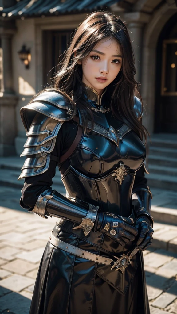 (8k, Highest quality:1.2), (masterpiece:1.37), (photograph, photographRealistic:1.37), (超High resolution), High resolution, (Skin Texture:1.1), Highest quality, 超High resolution, (Realistic: 1.4), (((Big Breasts)))、(( Mature Female Warrior)), ((Armor with great attention to detail)), (Strong muscular body),RAWphotograph , Nikon D850 フィルムストックphotograph, F1.6 Lenses, Rich colors, Bokeh, Sharp focus, Realistic, Cinestill 800, High resolution, (Skin Texture:1.1), Nikon D850 フィルムストックphotograph, F1.6 Lenses, Rich colors,剣を持つBlack costumeを着た女性のクローズアップ, Pale black armor, 鎧のphotograph映えするディテール, Wearing a shiny breastplate, Wearing fantasy armor, Witch wearing sword armor, Shiny white armor, Exquisite white armor, Clad in mystical battle armor, Gothic Armor, Highly detailed fantasy armor, Stunning Armor, Exquisite armor detailing、A fluffy image、Black costume、