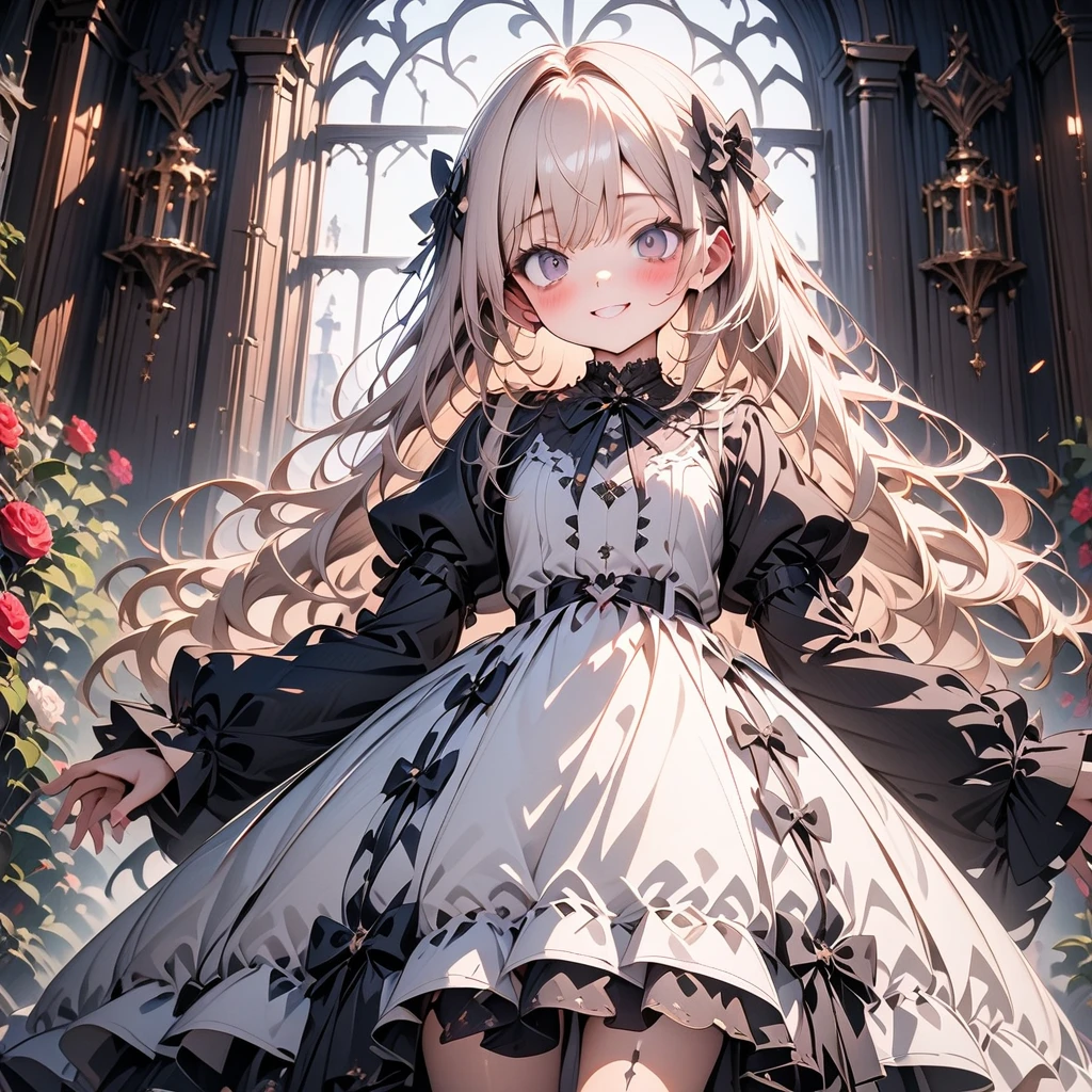 ((Masterpiece)), ((best quality)), (Anime), ((kawaii)), ((extremely detailed)), 4K, (8K), (super detail:1.2), (High Definition:1.3), (Professional Photography:1.2), (wide shot), cinematic lighting, (very aesthetic:1.2), (absurdres:1.2), intricate details, ai-generated, newest, (sharp focus), (perfect light), ((12 years old)), ((1girl)), Textured skin, ((Beautiful Gothic Lolita pure-white-Dresses)), (very hoop-dress), Luxury roses embroidery, cute innocent young girl, ((loose swept bangs)), Slender and small breasts, (silky blond hair), lustrous hair, (gothic lolita makeup), ((bags under the eyes)), lower eyelashes, beautiful hair, smile, (blush), Light particles, ((Spread arms wide)), in beautiful Fantastic garden, (blue roses garden)