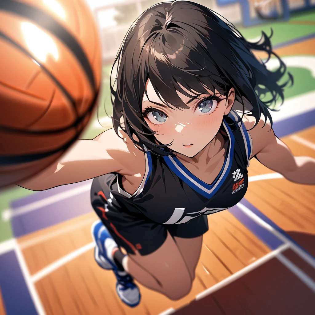 (masterpiece),(Highest quality),(High resolution),(Very detailed),One Woman,Japanese,Basketball Player,Black Hair,Short Bob,Beautiful Eyes,Long eyelashes,Beautiful Hair,Beautiful Skin,Powerful dunk shot illustration,High jumps,Depiction from above,(Dynamic Movement),(Background is a basketball court),(((Background Blur)))