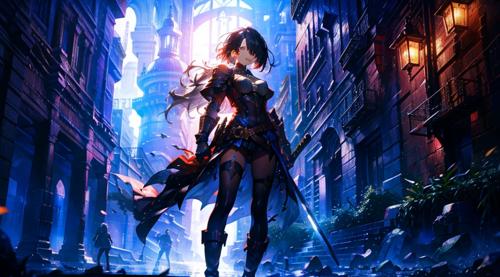 masterpiece, best quality, high quality, detailed, ultra detailed, hyper detailed, insanely detailed, exquisite, beautiful, FHD, Full-HD, 4K, 8K, 16K, highres, absurdres,Overall reddish-black image, (One sexy lady), mystic knight, serious look, sword fighting, covering one eye, black hair, red eyes, armor, long boots, with a sword, fantasy,hailoknight, holding sword, holding weapon