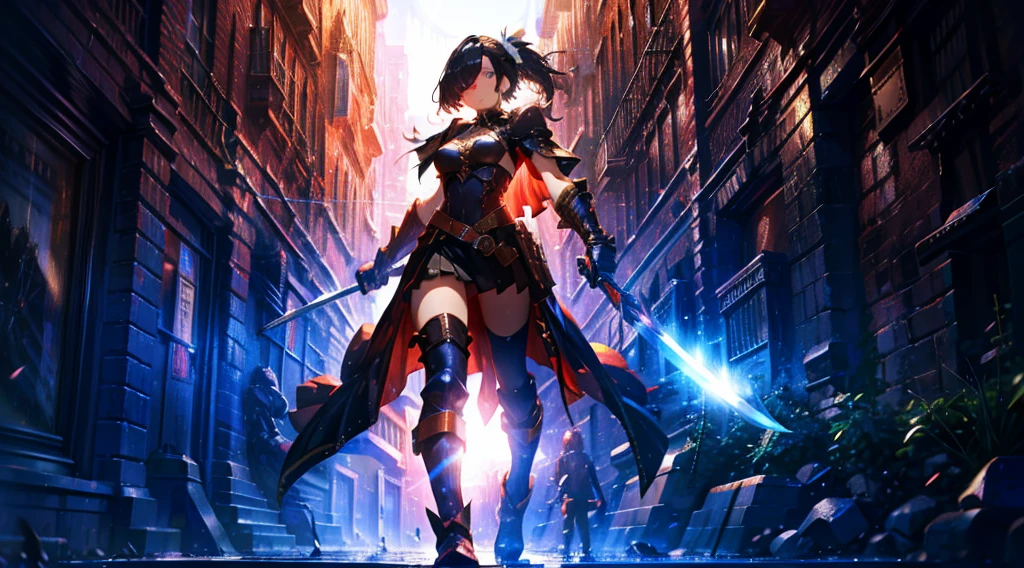 masterpiece, best quality, high quality, detailed, ultra detailed, hyper detailed, insanely detailed, exquisite, beautiful, FHD, Full-HD, 4K, 8K, 16K, highres, absurdres,Overall reddish-black image, (One sexy lady), mystic knight, serious look, sword fighting, covering one eye, black hair, red eyes, armor, long boots, with a sword, fantasy,hailoknight, holding sword, holding weapon