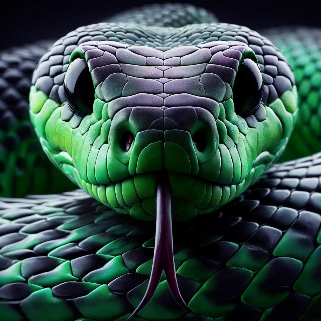 a close up of a green snake with a long tongue, snake art, highly detailed snakes, snake body, snake head, reptile face, green snakes background, snake mouth, snake, big snakes heads, reptile, ultra-detailed digital art, snake tongue, snake fangs, portrait of a sacred serpent, green snakes, serpent body, hyperrealistic digital art, snakes