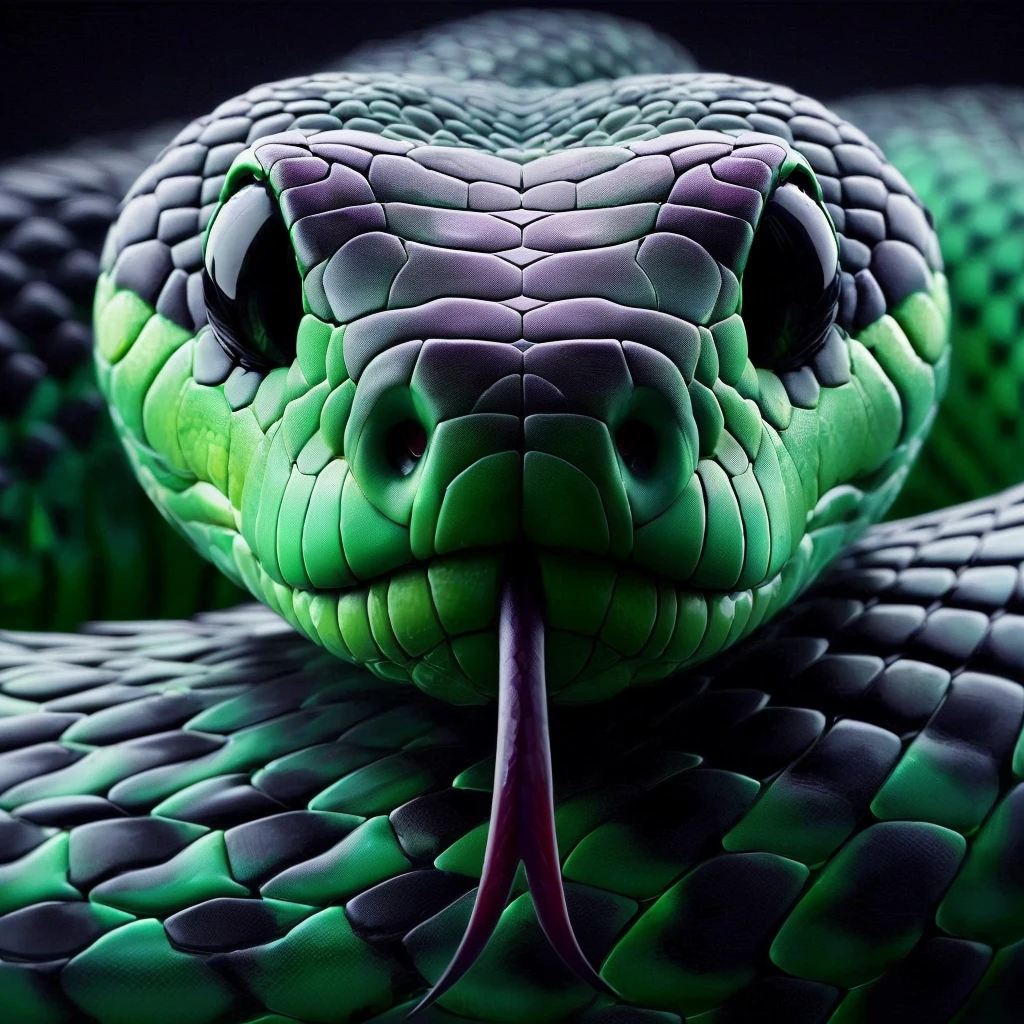 a close up of a green snake with a long tongue, snake art, highly detailed snakes, snake body, snake head, reptile face, green snakes background, snake mouth, snake, big snakes heads, reptile, ultra-detailed digital art, snake tongue, snake fangs, portrait of a sacred serpent, green snakes, serpent body, hyperrealistic digital art, snakes