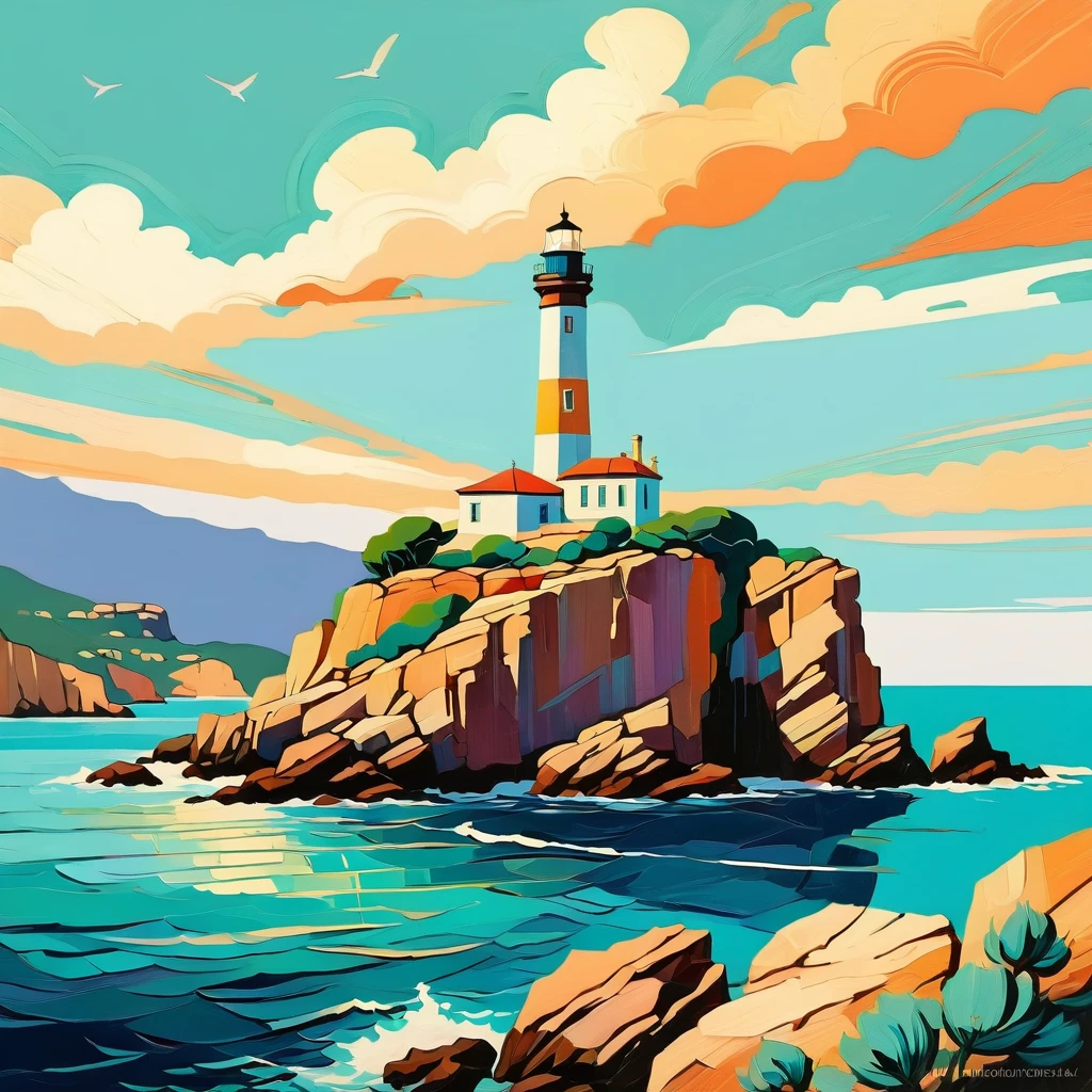 a thick textured oil painting, impasto brushstrokes, dry brushing,revealing lower layers, breathtaking composition, Create an Art Deco-inspired illustration of a scenic lighthouse perched on a rocky coastline, overlooking the turquoise waters of Cala Ratjada. Include vibrant pastel colors, elegant lines, and a retro summer atmosphere. The style is reminiscent of vintage travel posters with a modern twist, a thick textured oil painting, impasto brushstrokes, dry brushing,revealing lower layers, breathtaking composition