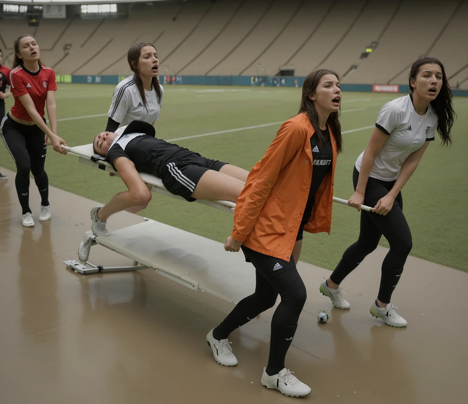 a soccer scene in a sports stadium, cool and wet weather conditions, humide ground, rainy sky, injury scene in a sports stadium, stretcher carry, there are four female medics carrying a stretcher, there are four female medics in very shiny coats who are carrying a stretcher in a sports stadium, there is a wounded male soccer player in a matte short cotton sports outfit lying on the stretcher, an injured male soccer player in matte cotton sportswear is lying in pain on a stretcher, a soccer player in matte cotton sports clothes is rearing up in intense pain while lying on a stretcher, dramatic scene, theatralic posing scene, dramatic pity scene, injury soccer, first aid, help, pity, there are four female medics in wetlook high-shine coats who are looking very sad and very terrified and very shocked, the injured soccer player is screaming out in pain while he is carried from the pitch on a stretcher