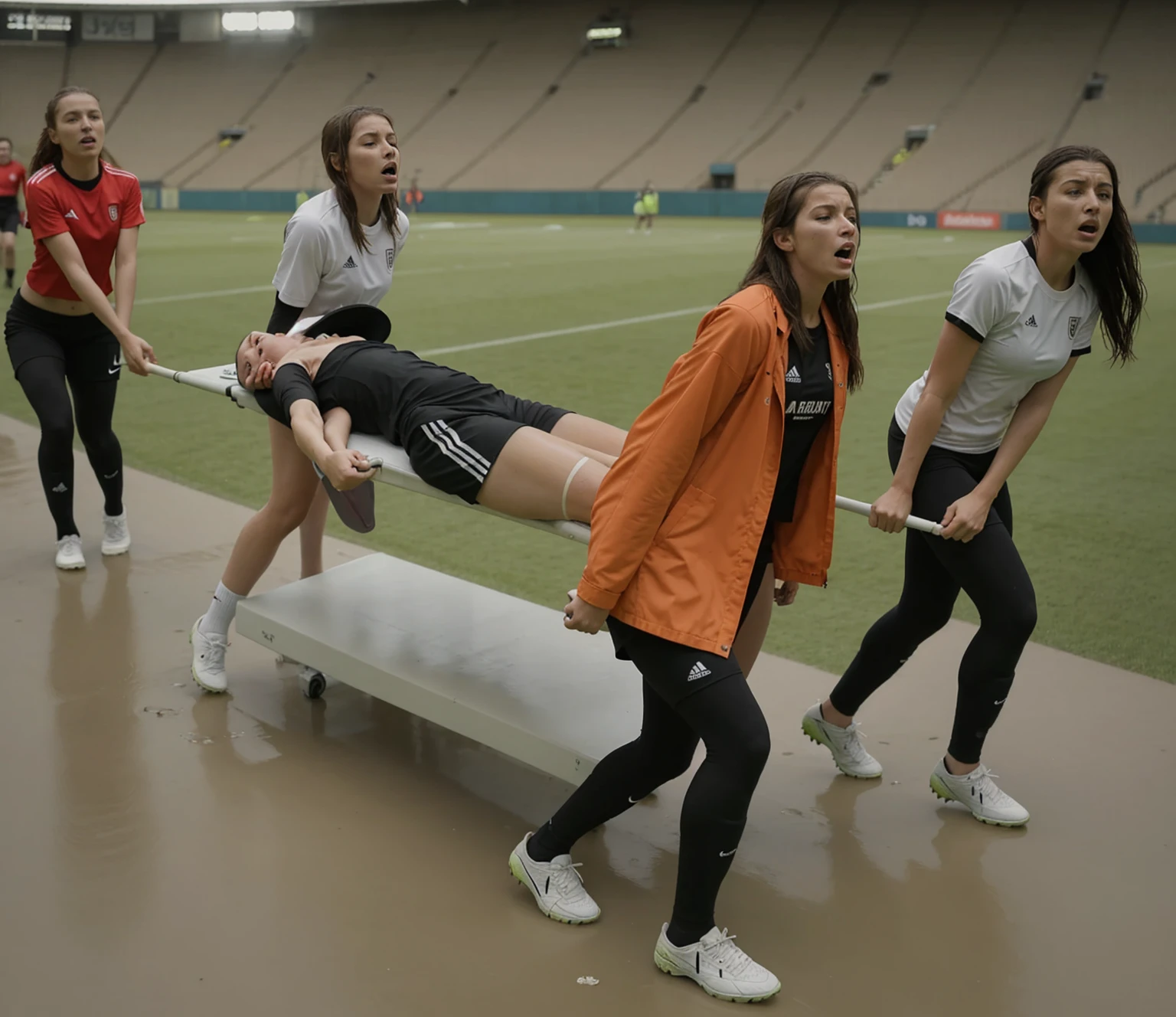 a soccer scene in a sports stadium, cool and wet weather conditions, humide ground, rainy sky, injury scene in a sports stadium, stretcher carry, there are four female medics carrying a stretcher, there are four female medics in very shiny coats who are carrying a stretcher in a sports stadium, there is a wounded male soccer player in a matte short cotton sports outfit lying on the stretcher, an injured male soccer player in matte cotton sportswear is lying in pain on a stretcher, a soccer player in matte cotton sports clothes is rearing up in intense pain while lying on a stretcher, dramatic scene, theatralic posing scene, dramatic pity scene, injury soccer, first aid, help, pity, there are four female medics in wetlook high-shine coats who are looking very sad and very terrified and very shocked, the injured soccer player is screaming out in pain while he is carried from the pitch on a stretcher