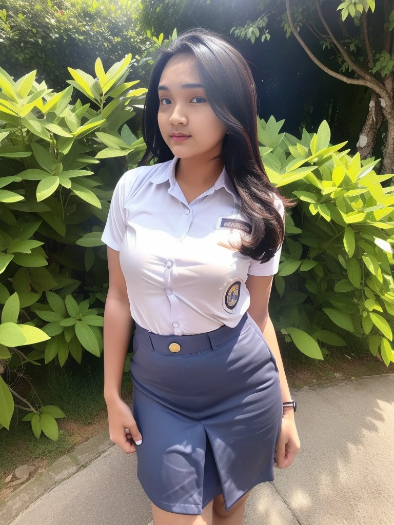 1girl, (Indonesian_high_school_uniform), 16 years old, standing, outdoors, curvy, tall, detailed face, detailed eyes, thick breasts, detailed smooth skin, tight shirt, grey blue short skirt, looking at the audience, low angle shot,(8k, RAW photo, best quality, masterpiece: 1.2), (realistic, realistic: 1.37), ultra-high resolution