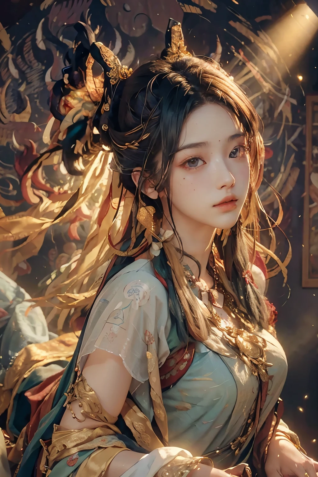 (RAW Photos, Highest quality), (Realistic, photo-Realistic:1.3),Highest quality,Very detailed,masterpiece,Very detailed,figure,One girl,upper_body,Dynamic Angle,world masterpiece theater,Messy_length_hair,Highest quality,Very detailed CG ユニティ 8k 壁紙,ink,wonderful,Cinema Lighting,lens_Flare, Dunhuang_style