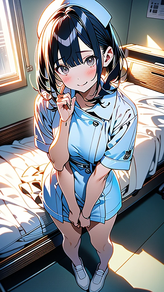 (8k, RAW Photos, 最high quality, masterpiece:1.2), high qualityのRAWカラー写真, Professional photo shoot, Cinematic Light, alone, (((young woman, Gal))), (Sharp features), (Small face), (Skin with attention to detail:1.2), clavicle, Cute Face, Beautiful appearance, Long eyelashes,Embarrassed, (Black Hair, Tied Hair), ((White Nurse,)), White sneakers,,Embarrassed, Artistic painting,Attractive thighs, (Very nice touch:1.2),A shy smile), Peaceful atmosphere, Oil painting style, Bright colors, (Are standing,Inside the white hospital room, Full body portrait), Smooth texture, Gazing Eyes, Beautiful Skin, Glowing Skin, ((Perfect Fingers, Five Fingers, Anatomically correct)), Background Blur, high quality, Surreal, ((Very detailed, photo shoot)),Many people々、blush、Plump、Tight fitting sexy nurse uniform、White Nurse服、nurse、mini skirt、Full Body Shot、White Hospital、blush、Heavy bangs、Front view、Standing posture