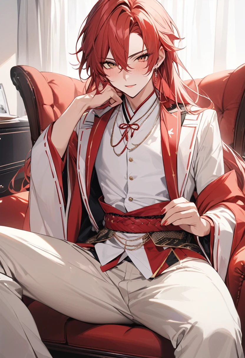 (masterpiece, best quality,ultra highres), (fashion magazine photo),only one boy,japanese male idol,Handsome Boy,naughty,red semi-long Hair,white Stage costumes that combine elements of Portugal and Japan,White background,Bose on the viewer,