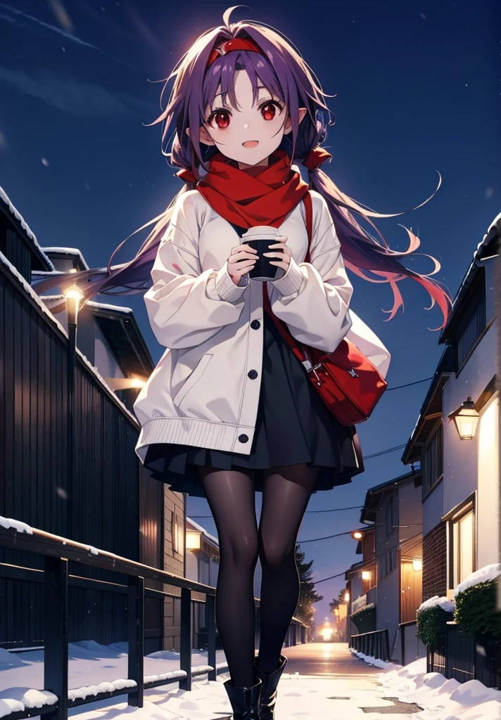 yuukikonno, Konno Yuuki, Long Hair, Pointed Ears, Purple Hair, (Red eyes:1.5), (Small breasts:1.2), Open your mouth,happy smile, smile, Open your mouth,hair band,low twin tail,Red Scarf,Oversized purple hoodie,Long skirt,Black pantyhose,short boots,Holding a paper cup of coffee in both hands,gardenのベンチに座っている,snowが降っている,snowが降り積もっている,snow,snow,snow,snow,snowが積もった木,winter,Cold night,Walking,whole bodyがイラストに入るように,
break looking at viewer,  whole body,
break outdoors, garden,
break (masterpiece:1.2), Highest quality, High resolution, unity 8k wallpaper, (figure:0.8), (Beautiful attention to detail:1.6), Highly detailed face, Perfect lighting, Highly detailed CG, (Perfect hands, Perfect Anatomy),