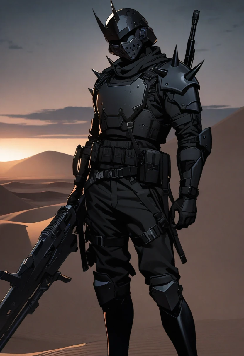 Modern male soldier, solo, black armor, black helmet and mask, black long boots, desert, black clothes, thin waist, black accessories, black everything, spikes on armor, night