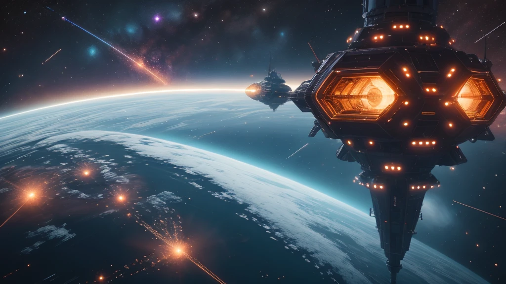 COMG3O,An interstellar battleship, a spaceship, (best quality, 4k,highres,masterpiece:1.2), ultra-detailed, (realistic,photorealistic:1.37), HDR, UHD, studio lighting, extreme detail description, professional, sci-fi, sharp focus, physically-based rendering, intense colors, futuristic design, sleek and shiny exterior, advanced propulsion system, glowing thrusters, massive in size, bustling with crew members, sophisticated navigation panel, holographic displays, space debris floating in the background, vibrant nebulae and distant stars, illuminated control room, smooth metallic surfaces, gleaming windows, powerful energy shields, tense atmosphere, high-tech weaponry, advanced radar system, hovering in space, gracefully maneuvering through asteroids and meteor showers.