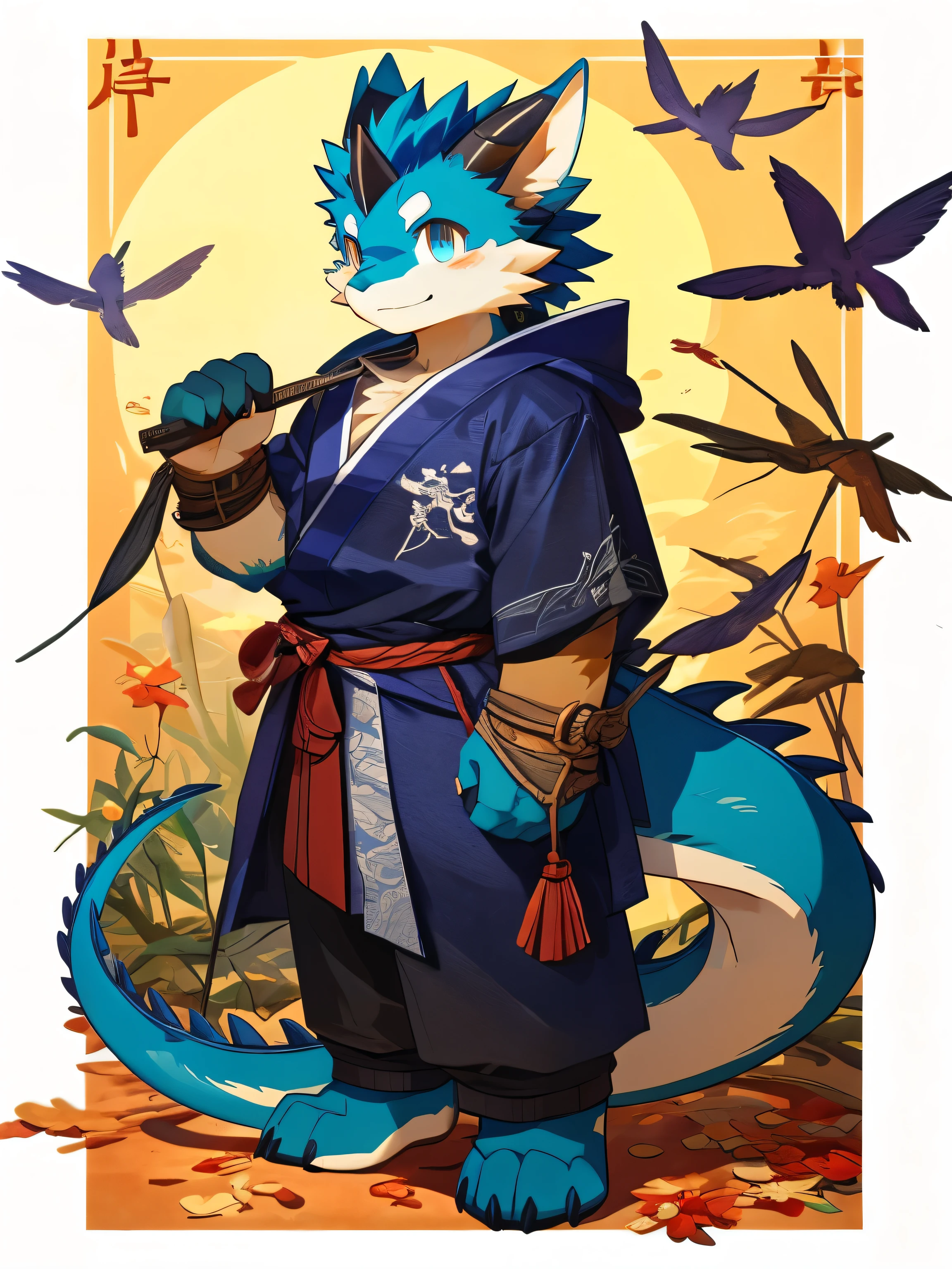nj5furry,kemono,full-length portrait,anthro,hi res,male,youth,Oriental Dragon,strong,black,Adventurer,Fluffy hair,Plush paw,A tail,Delicate eyes,Detailed eyes