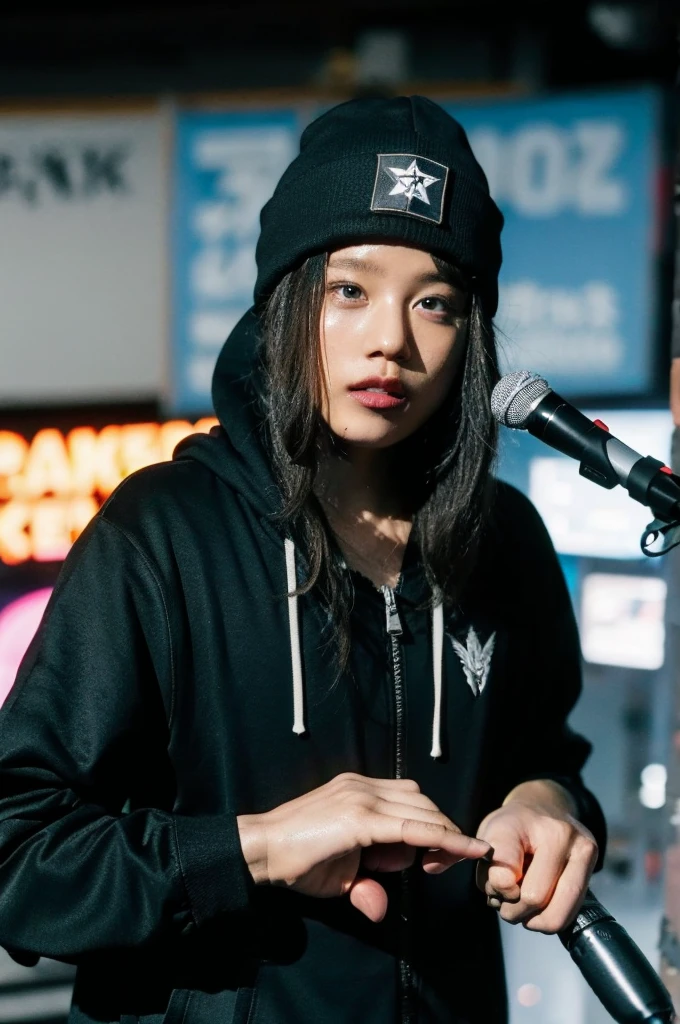modern day rapper wearing alternative style clothing with a Beanie and zip up hoodie singing into a studio microphone