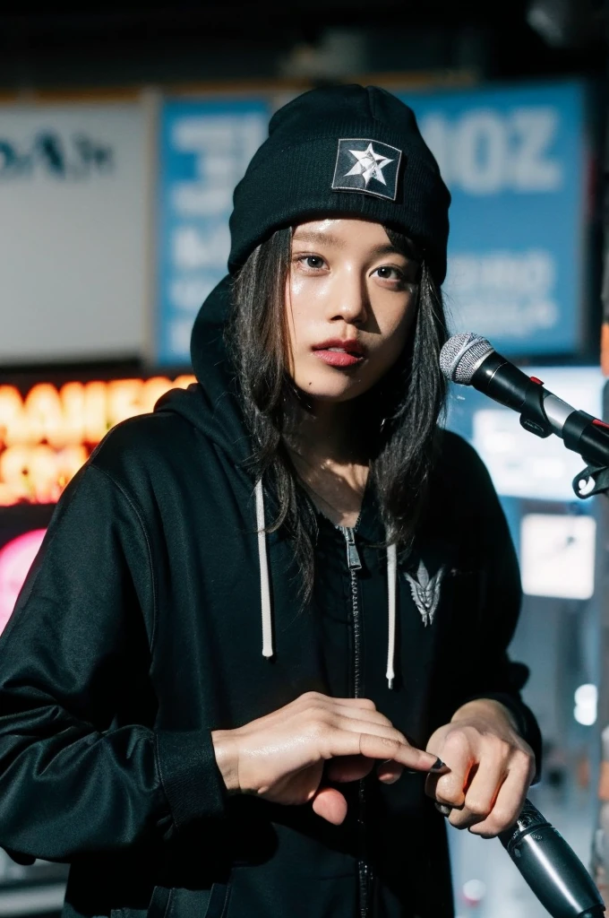 modern day rapper wearing alternative style clothing with a Beanie and zip up hoodie singing into a studio microphone