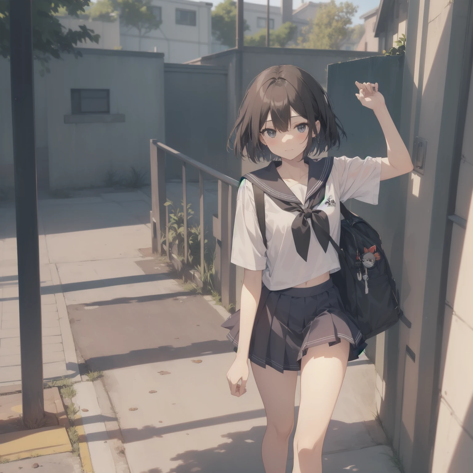 ultra-absurdres-Top quality by artist God, ultra-detailed, high resolution, anime moe artstyle, best anime 8k konachan wallpaper, pixiv contest winner, pool:2810, perfect anatomy,break, 1girl, (Please draw a girl walking sleepily to school alone. )break,(Solo,little female, 13-year-old:1.3),Full limbs, complete fingers,a junior high school student, (very short hair), short cut, flat chest, , small butt, small black eyes, beautiful detailed eyes, well-proportioned iris and pupils, expressive eyes, highres detailed hair, soft expression, salor school_uniform, sailor collar, serahuku, bow, pleated skirt,(Detailed Lighting), (Detailed background), in the School commute route. break,super detailed skin, Best cinematic lighting powered by famous artist, 8k,beauty illustration,photoshop_(medium),very aesthetic,break,((artist:yuuhagi_(amaretto-no-natsu) )), artist:clamp ,artist:carnelian ,artist:kantoku ,