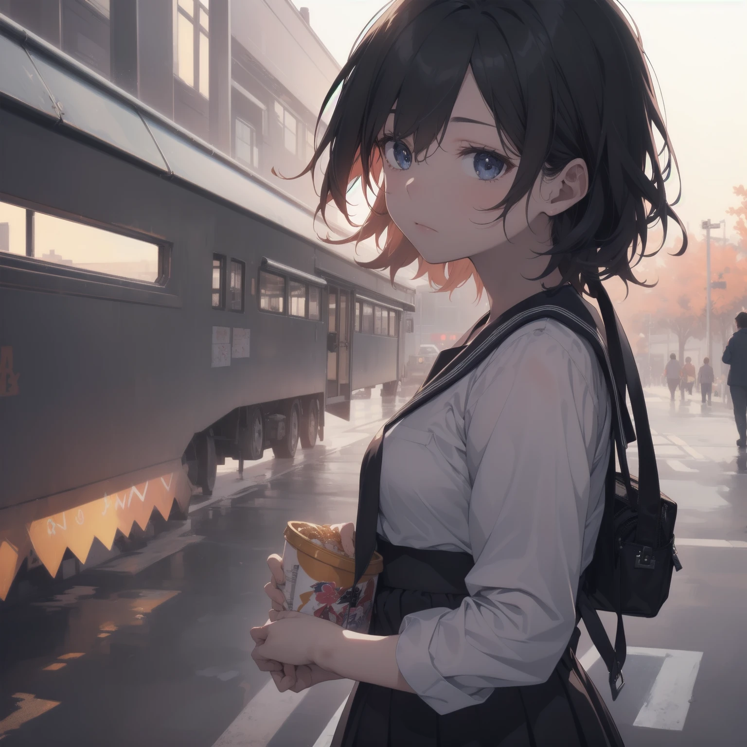 ultra-absurdres-Top quality by artist God, ultra-detailed, high resolution, anime moe artstyle, best anime 8k konachan wallpaper, pixiv contest winner, pool:2810, perfect anatomy,break, 1girl, (Please draw a girl walking sleepily to school alone. )break,(Solo,little female, 13-year-old:1.3),Full limbs, complete fingers,a junior high school student, (very short hair), short cut, flat chest, , small butt, small black eyes, beautiful detailed eyes, well-proportioned iris and pupils, expressive eyes, highres detailed hair, soft expression, salor school_uniform, sailor collar, serahuku, bow, pleated skirt,(Detailed Lighting), (Detailed background), in the School commute route. break,super detailed skin, Best cinematic lighting powered by famous artist, 8k,beauty illustration,photoshop_(medium),very aesthetic,break,((artist:yuuhagi_(amaretto-no-natsu) )), artist:clamp ,artist:carnelian ,artist:kantoku ,

