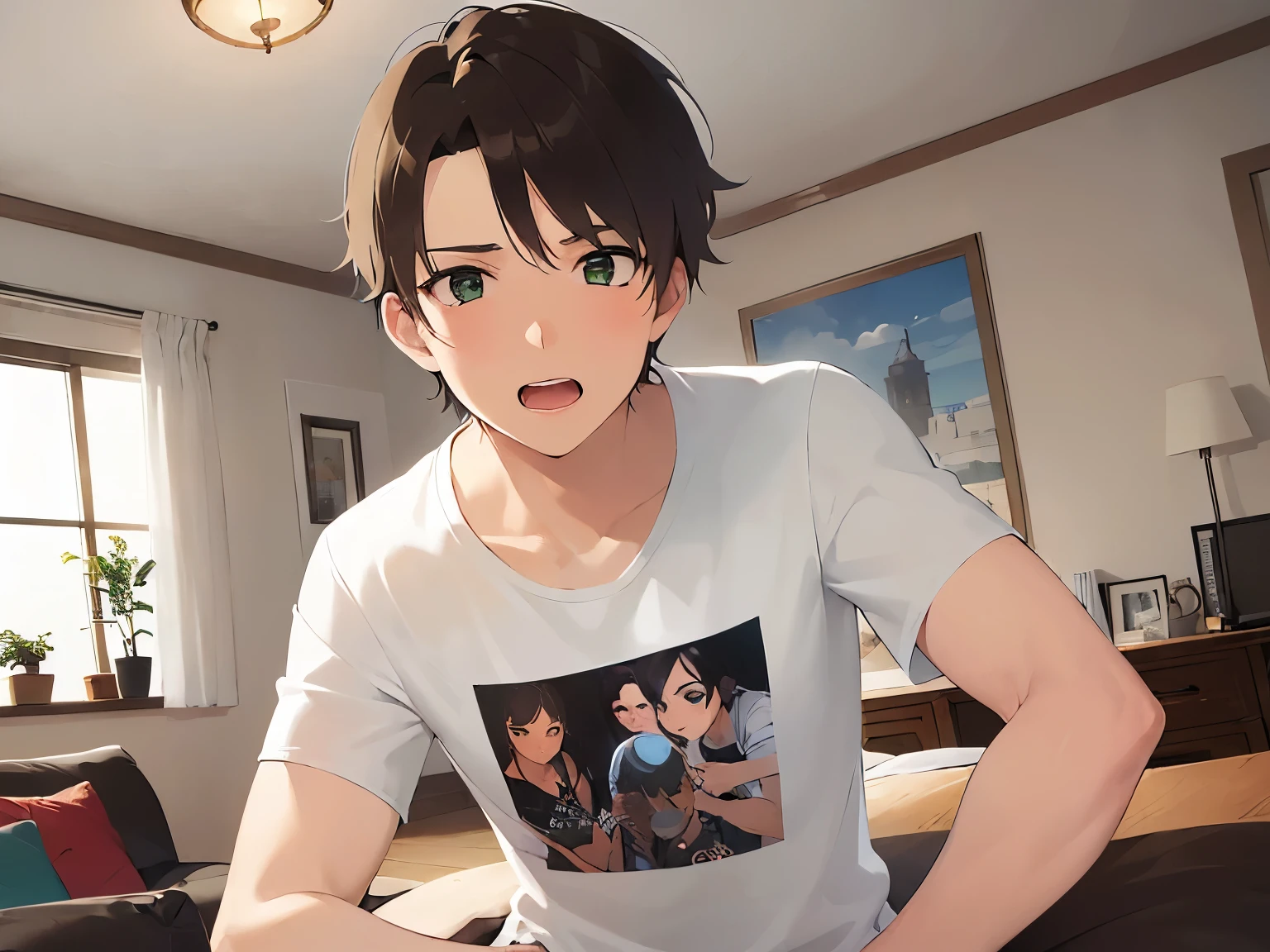 (26 year old male:1.5),(Brown short hair),(Green Eyes),BREAK(White T-shirt:1.5)BREAK,(surprised:1.4),(Dynamic pose),(Biologically correct5refer to),The background is the living room,alone