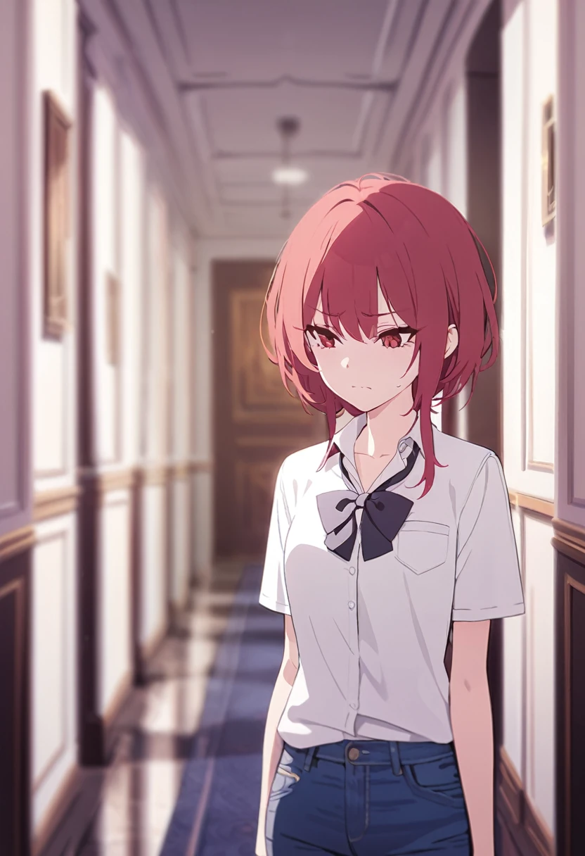masterpiece,best quality,depth of field,8k,red hair,Red eyes,wseifuku,white shirt with nothing on,chic,(charismatic eyes 1:1),jeans,female,frowning,alone,corridor,